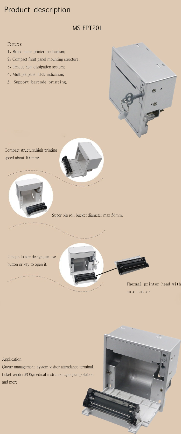 Ms-Fpt201 Key Optional 58mm Embedded Panel Mount Receipt Printer for Shop