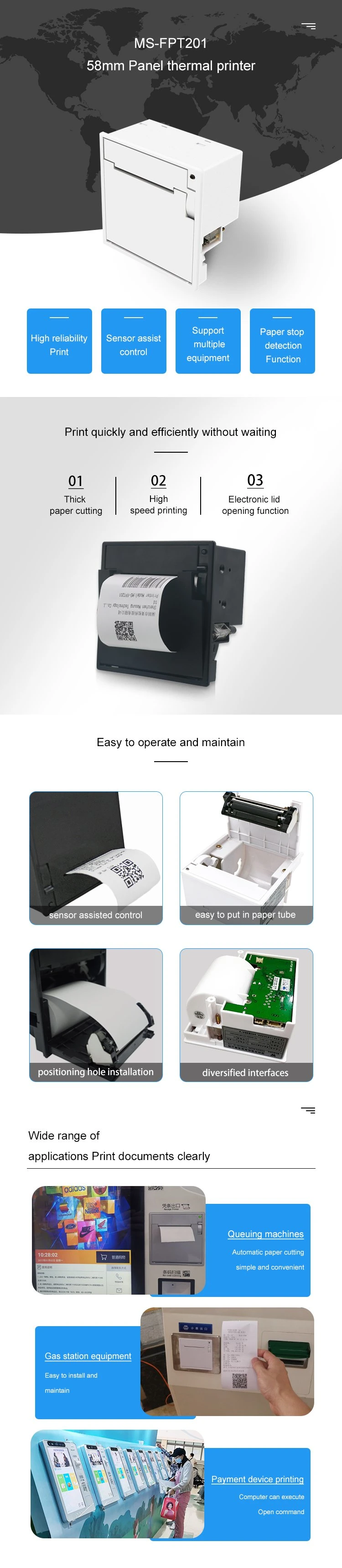 Thermal Printer 58mm Embedded Panel Printer From Factory USB/Bt/WiFi/LAN Optional for Self-Service Kiosks Self Ordering